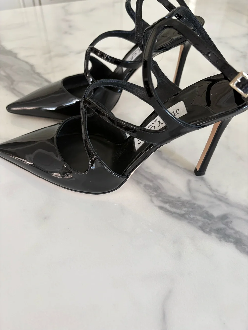 Jimmy Choo Black Patent Pointed Toe Strappy Heels - Picture 2 of 4